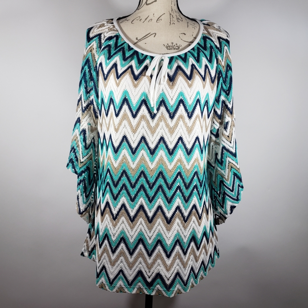 Tacera Chevron Stripe Bell Sleeve Blouse Large